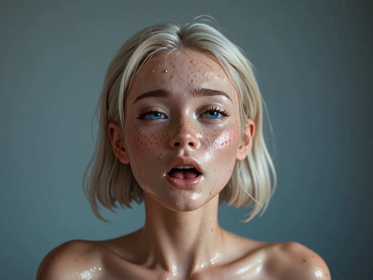 a  girl (petite, skinny, prominent freckles, cheek and chin dimples, short platinum blonde hair 1.4) Her eyes are a captivating shade of light blue.  (sweating), (experiencing exquisite orgasm), (mouth very wide open), ass fully visible, ((fully nude)), 