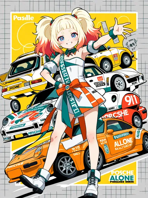 (Japanese anime style), Alone femmes, light skin, (multicolored hair, lightblonde_hair), short eyebrows, sales smile  、( flat chest), grid girl costume, PORSCHE911 car, rally raid,