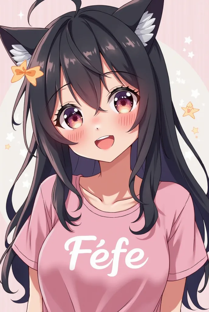 Crée moi un personnage manga fille avec des cheveux noir un t-shirt rose pastel écrit FéFé, des yeux qui font un clin d'œil avec la bouche ouverte 

