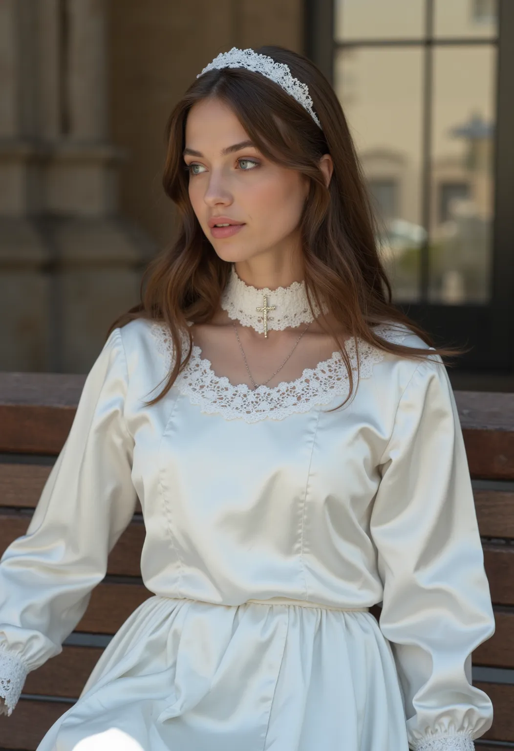 Ultra realistic gorgeous 21-year-old German brunette altar boy ,  beautiful eyes .  long brown hair with wavy hair .     hairband    ,  Cross necklace , long shiny white satin altar dress with lace collar around the neck and white long satin sleeves with l...