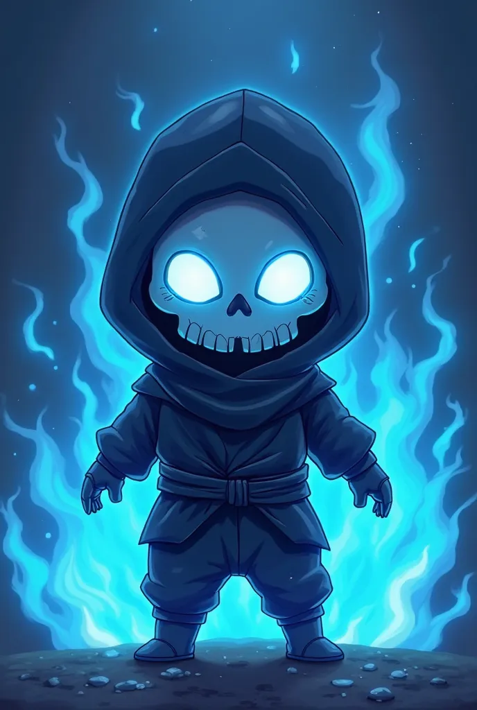 Night ninja, cute skull face, blue glowing eyes, blue flames background, mascot character