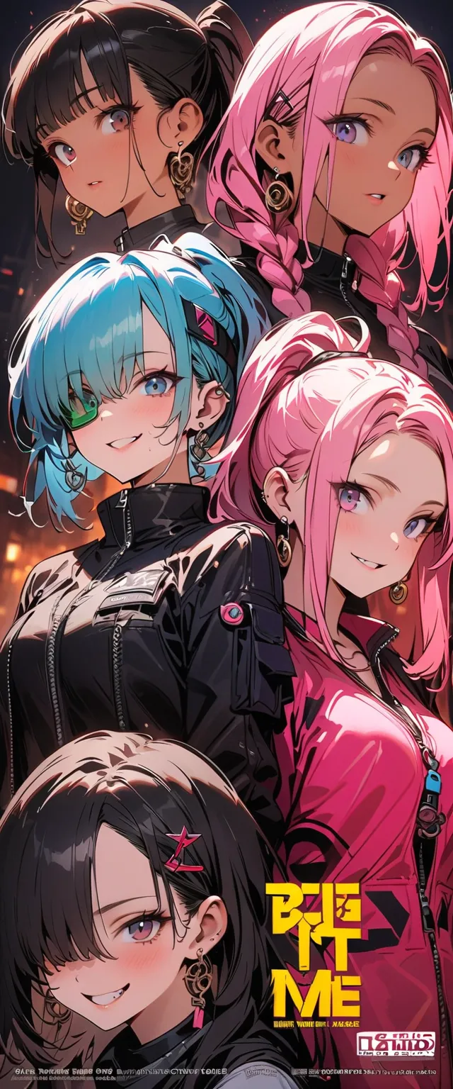 ( beautiful girl : 1.3), 4 girls ,(protective clothing,headband,earrings,Assault rifle,scouter), Gold, black hair, Hair, Silver Hair, red hair ,Blue Hair, green hair,Pink hair,Purple Hair,ponytail,bob cut,twin tails,long hair,short hair full of pee, with b...