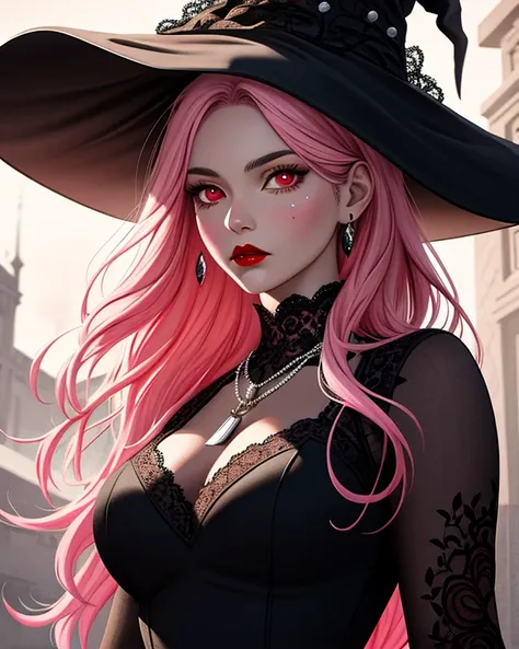 Muted but vibrant colors overall, Manga style, Medieval fantasy style, Female figure, (White:1.0), (Age:1.1), (Clothing detail:1.2), (Black lace dress:1.2), (Accessory detail:1.1), (Necklace:1.1), (Large witch's hat:1.1), (Pink hair:1.1), (Long flowing hai...