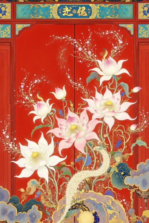 There is a picture of a red door with a red frame, This is an ultra-detailed painting inspired by Yun Shouhei, CG Association Contest winning work, Cloisonnism,  Oriental Wallpaper , Chinese style pattern, with ancient Chinese aesthetics,  Chinese Style, C...