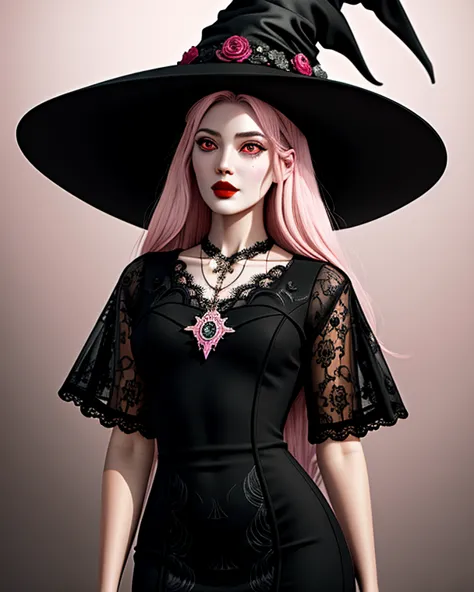 Muted but vibrant colors overall, Manga style, Medieval fantasy style, Female figure, (White:1.0), (Age:1.1), (Clothing detail:1.2), (Black lace dress:1.2), (Accessory detail:1.1), (Necklace:1.1), (Large witch's hat:1.1), (Pink hair:1.1), (Long flowing hai...