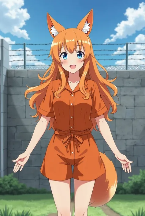 adult female prisoner, long orange curly hair, orange fox ear, orangefox tail, no human ears, blue eyes, Orange Prisoner uniform, she smile, She stood in the middle of the prison garden with her arms stretched out and relaxed, Single prisoner, big wall and...