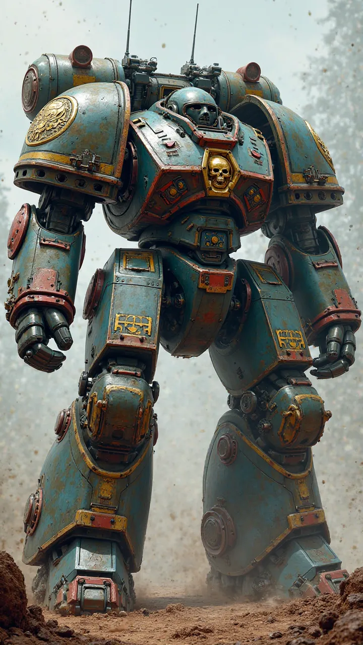 A Dreadnought robot of blue steel, metal red, and olive green with a Golden skull amd  Man of Imperium livery, Accurate, Damaged, High Details, HD, High Quality, UHD, Warhammer 40K