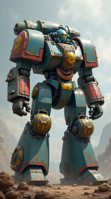 A Dreadnought robot of blue steel, metal red, and olive green with a Golden skull amd  Man of Imperium livery, Accurate, Damaged, High Details, HD, High Quality, UHD, Warhammer 40K