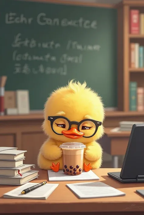 A baby duck character studying in a tired state while drinking bubble tea at a graduate school in Taiwan