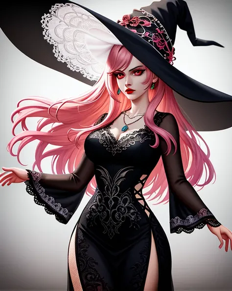 Muted but vibrant colors overall, Manga style, Medieval fantasy style, Female figure, (White:1.0), (Age:1.1), (Clothing detail:1.2), (Black lace dress:1.2), (Accessory detail:1.1), (Necklace:1.1), (Large witch's hat:1.1), (Pink hair:1.1), (Long flowing hai...