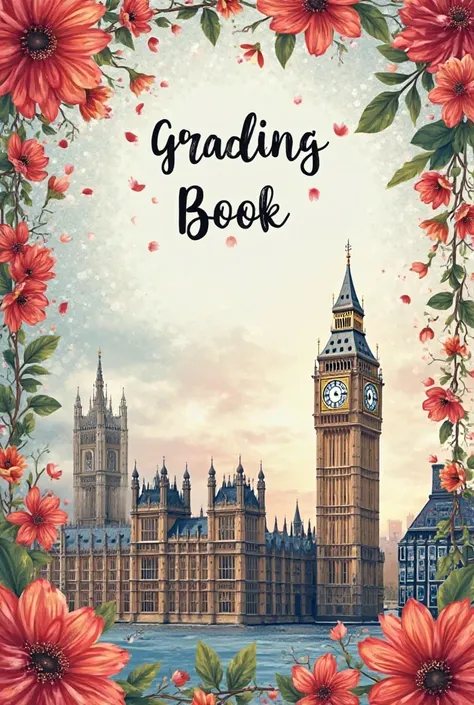 Generate a grading copybook with foral themes but i want just few flowers in the end of the cover. I want it to include books three books one has grammar written on it and others writing and vocabulary with flags 🇺🇸🇬🇧. I also want the cover to include a dr...