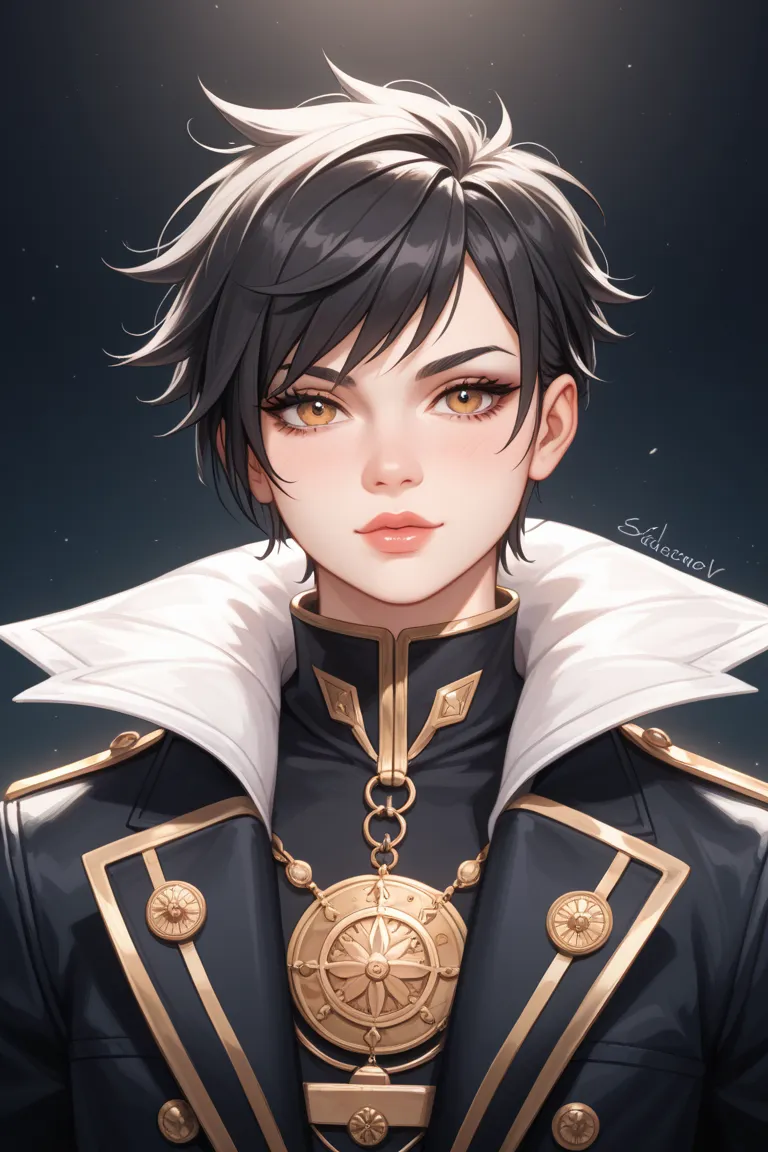 Create a highly detailed anime-style illustration of a cool, tomboyish female character with short, slightly messy black hair with subtle highlights. Her intense golden-brown eyes convey a calm yet confident aura, with a neutral, composed expression that e...