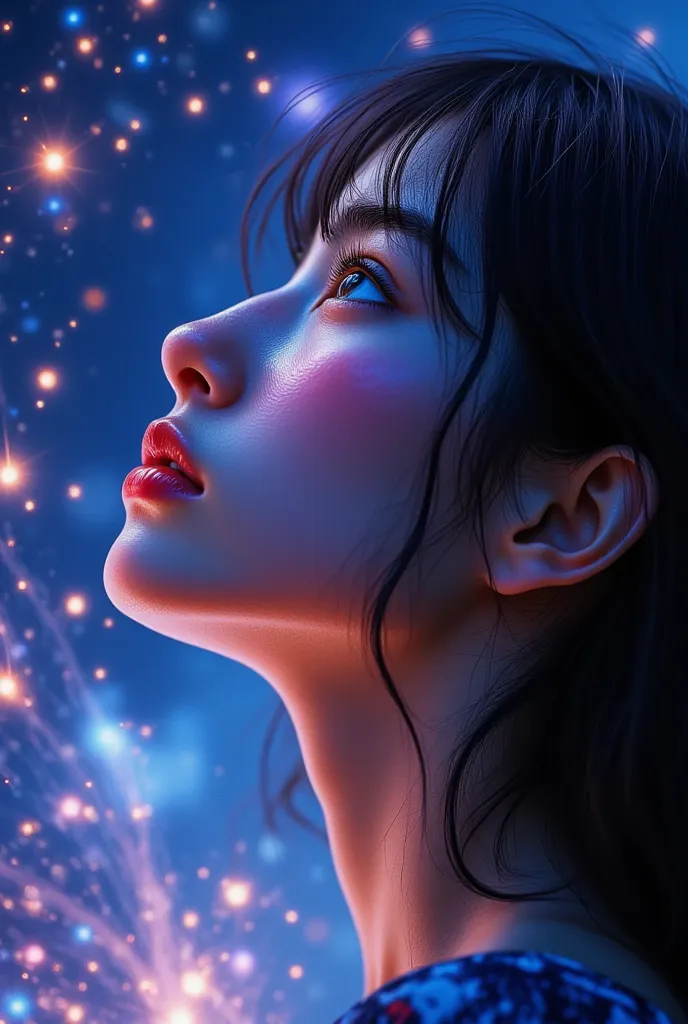 Close-up artistic photo of a woman's face profile looking up at the night sky. Lots of light particles glowing with colorful lights, purple blurry light cloud, blue blurry light cloud, orange blurry light cloud, 8K artistic portrait photography, beautiful ...