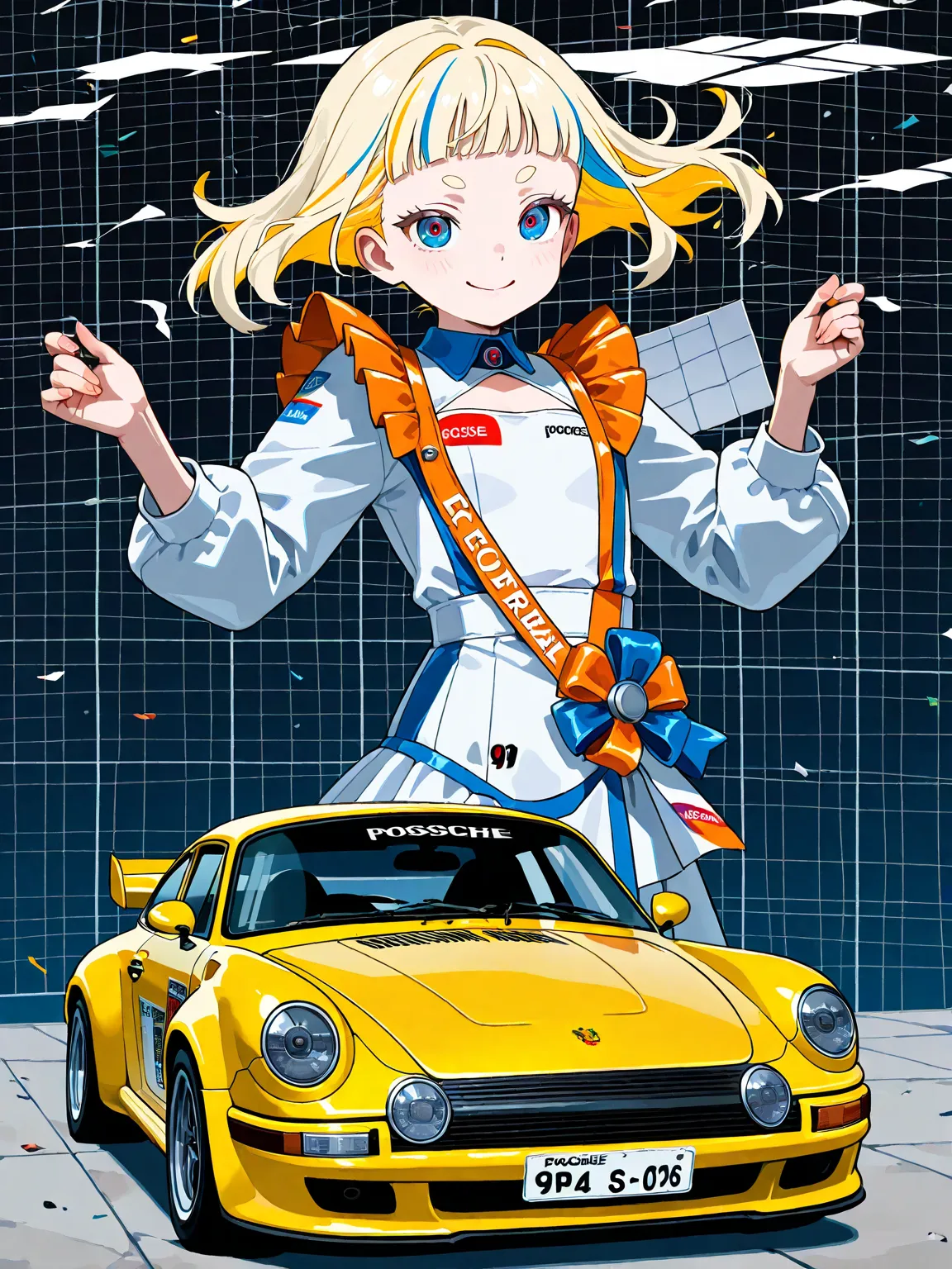 beauty, Alone femmes, light skin, (multicolored hair, lightblonde_hair), short eyebrows, sales smile  、( flat chest), grid girl costume, BREAK ,PORSCHE911 car, rally raid,