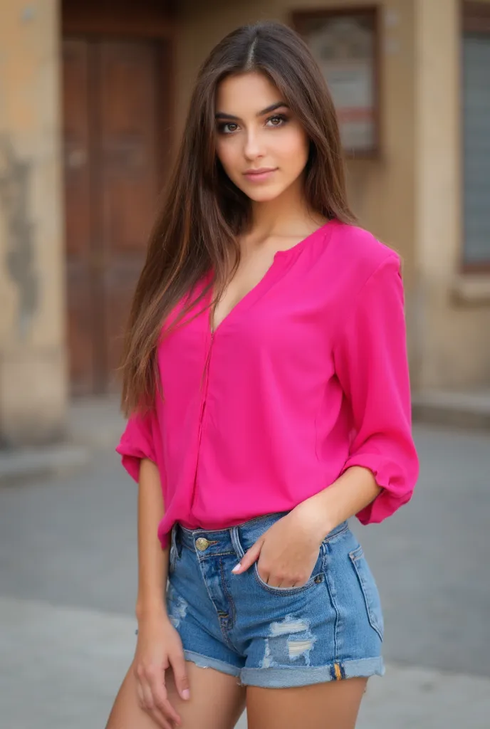 A woman from Arafed wearing a pink blouse and denim shorts standing in front of a building, brown hair and a perfect body,   of a girl in streetwear , beautiful body and face, perfect body, torso plano,  Portrait of Sophie Mudd ,  sweet young girl ,  sexy ...