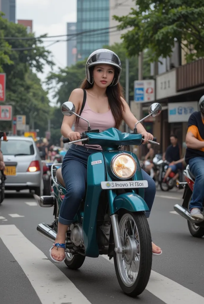 realistic photograph,thai girl rides honda supercub in street