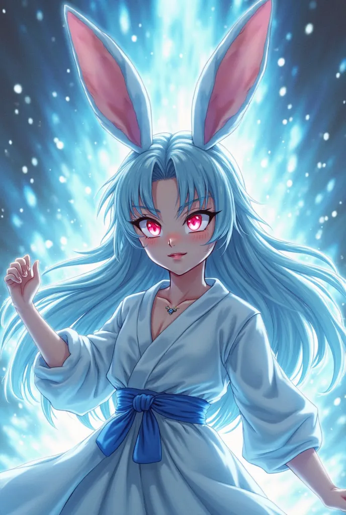 "Create a character who is the daughter of Son Gohan from Dragon Ball, but with a unique twist — she has long, soft rabbit ears that are blue. She has a gentle and introverted personality like Gohan, inheriting his kindness and dedication to peace, but als...