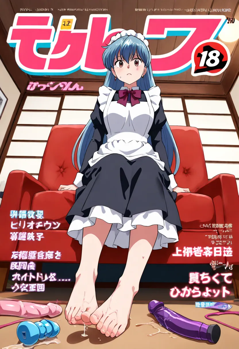 (best quality :1.2),Magazine cover,Cheonjo-in Katsura，Blue Hair，，(  wearing a maid dress,),( ),(  big  :1.5),，  Full Body ，sweat:1)， sex toy,(body fluid:1)Sitting on the sofa,,，In a Japanese room，foot focus,from below,