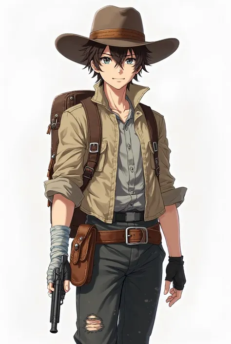 anime style,  Anime Boy, creamy skin,  curly brown hair,  grey eyes,  Tall, slightly muscular, black military pants torn, one leather knee pad on the left knee,  grey Mike , beige dirty military jacket, worn leather cowboy hat, leather holster on the right...