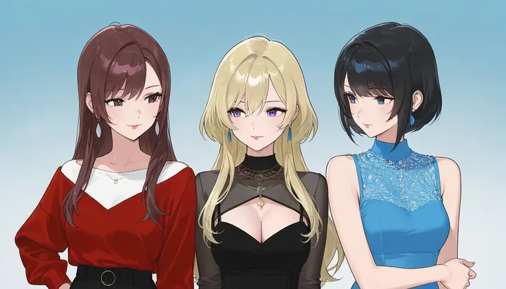 ((3 adult girls)), anime characters, outfit designs, different outfits, (upper body character design), outfit design, fashion concept art, pose, looking at another,