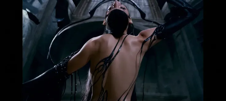 Jenna ortega/wednesday angry rage ripping the black liquid latex symbiote slime , female , black hair , long hair, 1girl, symbiote tendrils, realistic style, slim body shape, sexy female body, woman sexy, bell tower background ,  backview , naked jenna ort...