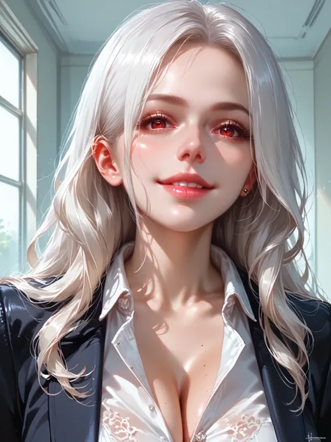 Masterpiece, 1girl, realistic face, focus on face, score_9, score_8_up, score_7_up, (realistic portrait:1.2), (realistic nose:1.2), Intellectual Cool Beauty, (Long hair: 1.4), long flowing hair, silver-white hair, pale skin, Lustrous Face, Compensating, gl...