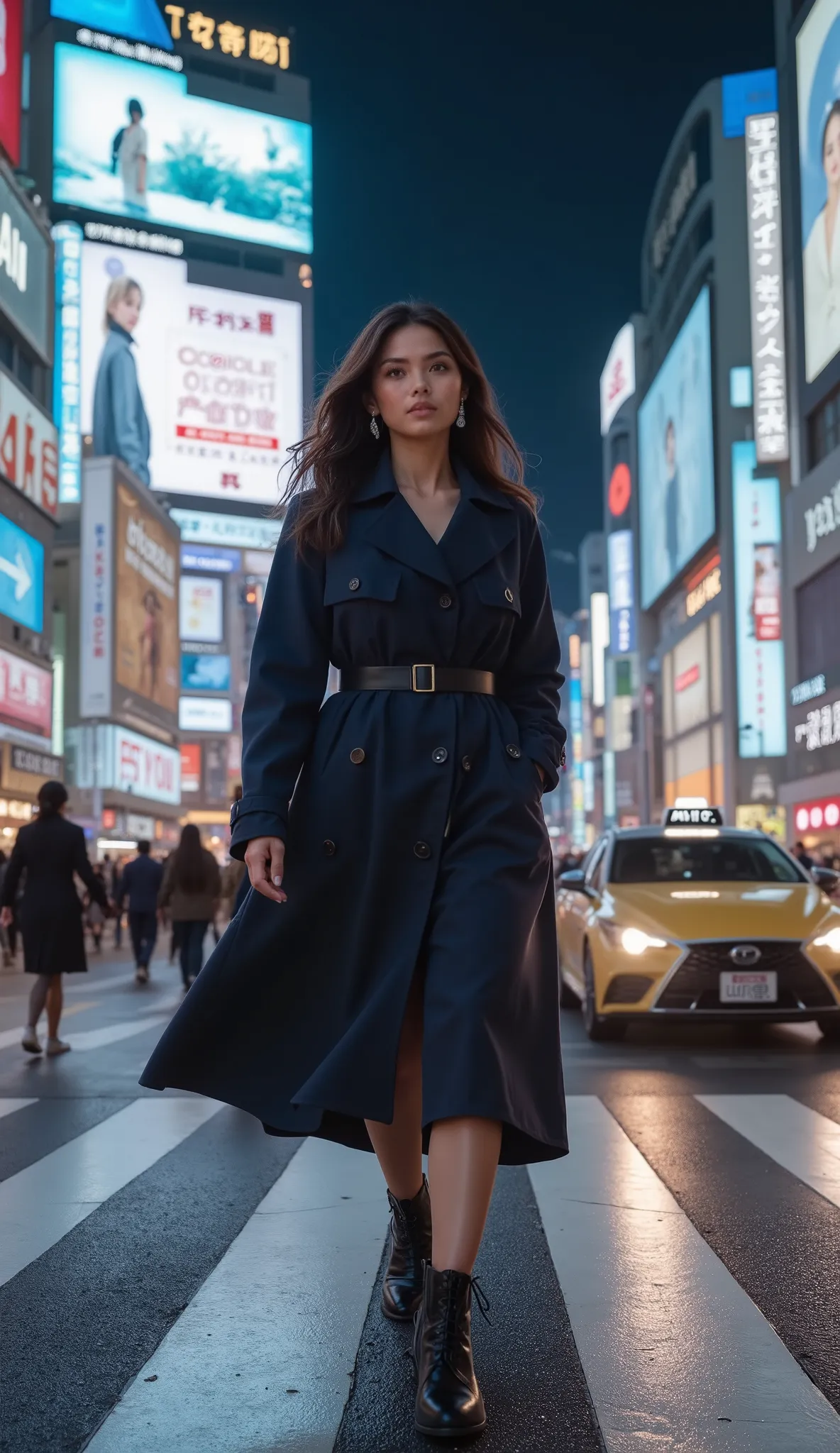 (masterpiece, ultra-detailed, cinematic, vibrant Shibuya Crossing at night, high resolution,
((A confident female travel influencer, 23 to 28 years old, elegantly walking through the crowded intersection, surrounded by the buzzing energy of the city, long ...