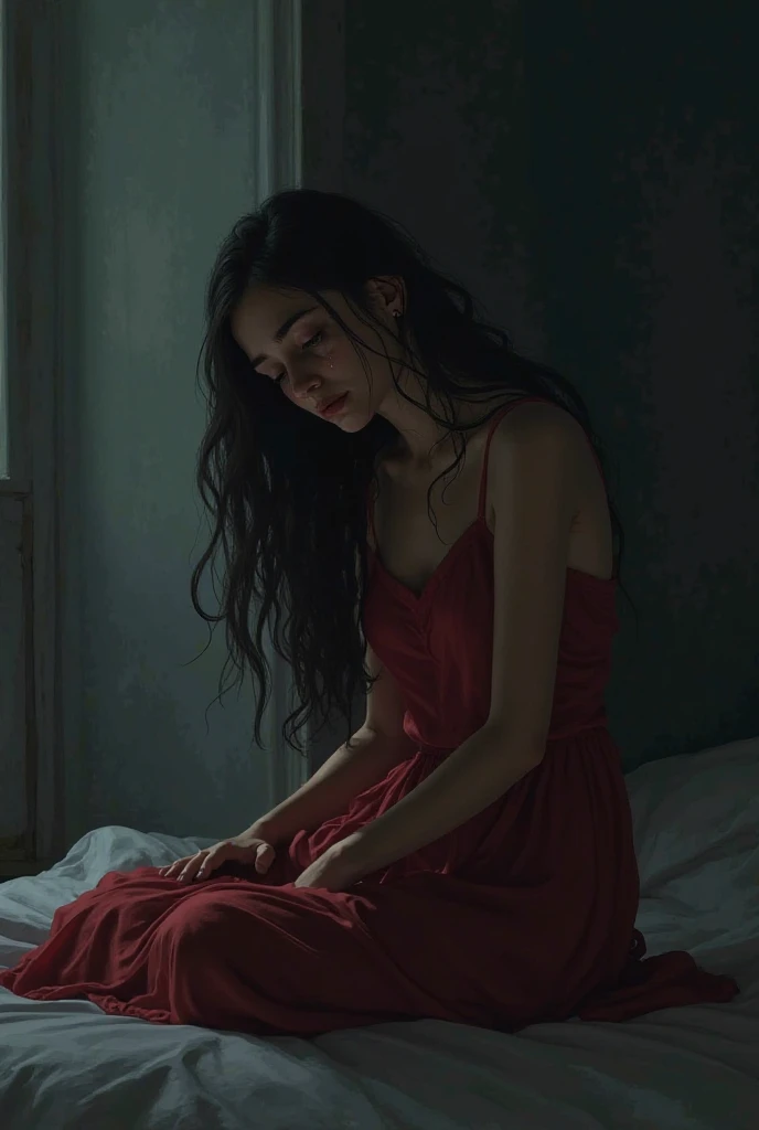 A beautiful 16-year-old woman wearing a red dress is sitting in a dark room on the bed. She is crying and looking towards the slightly lit door.