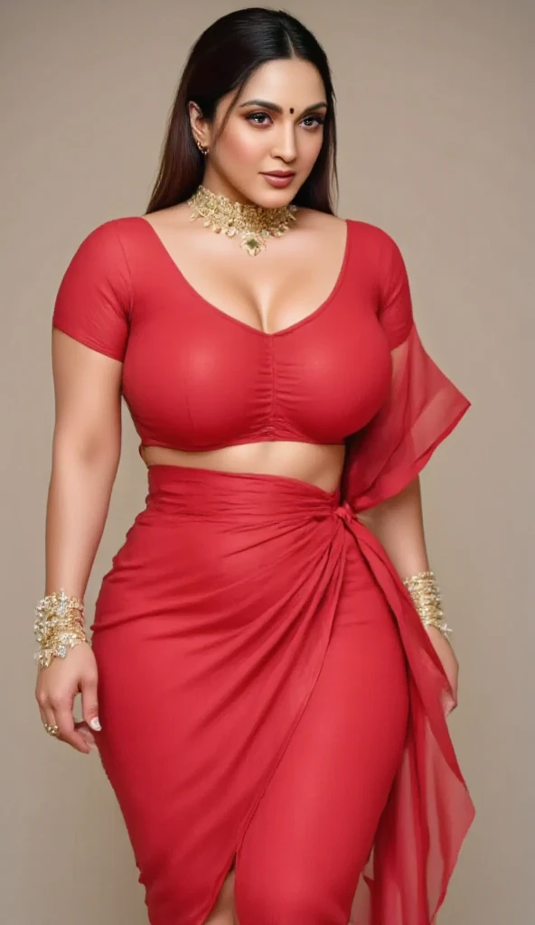 50 year old indian woman in red transparent Saree with big huge boobs and huge Ass, wearing indian jewellery and make up,dark red lips, high heels,side pose of woman only, realistic image,