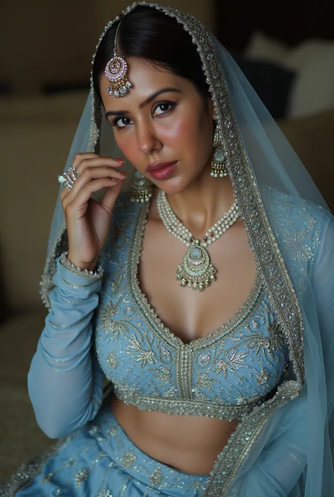 (masterpiece, best quality:1.2), She is draped in a low waist peacock blue lehenga with delicate gold embroidery, giving her an ethereal, moonlit glow. Her champagne sheer veil barely grazes her bare stomach, fully exposing her deep navel and slim waistlin...