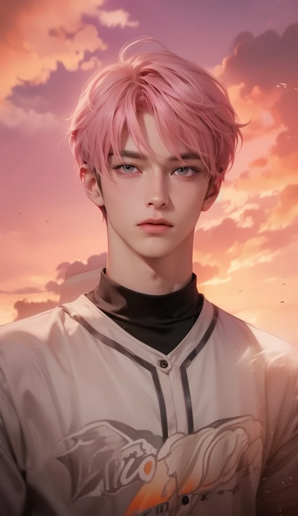 Anime boy, handsome face, pink hair, pink eyes, cool style, sunset background