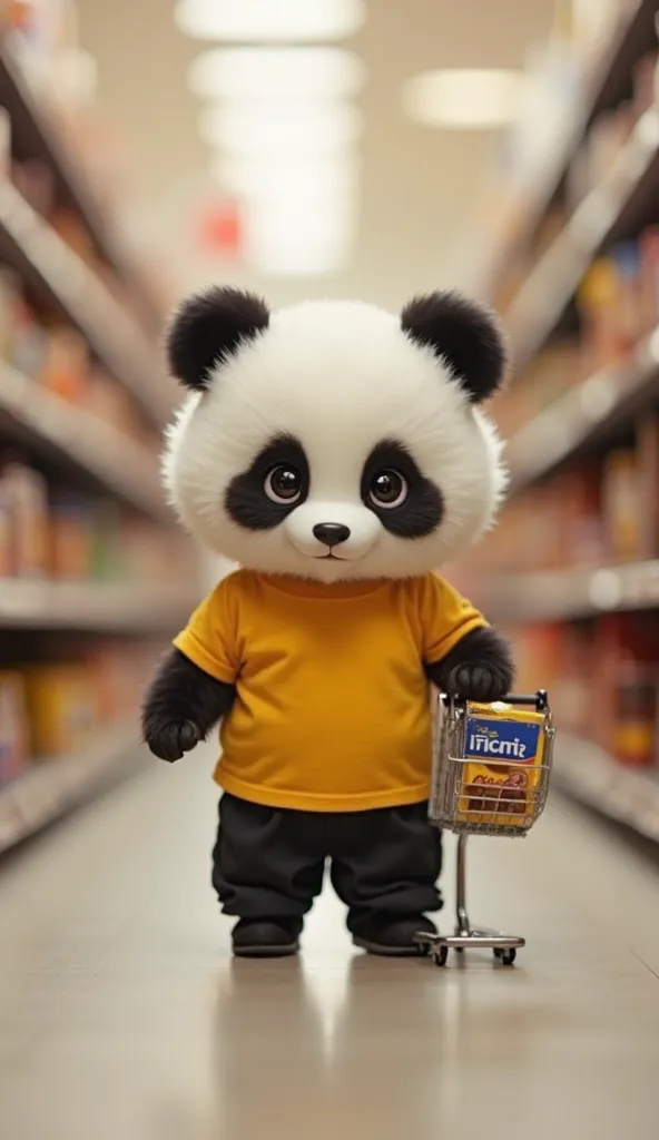 Determined, in his yellow t shirt and black shorts baby panda Pipin toddled down the aisles his little paws holding a mini shopping cart , eyes wide with wonder. First, he grabbed a packet of chocolates,his favorite snack.