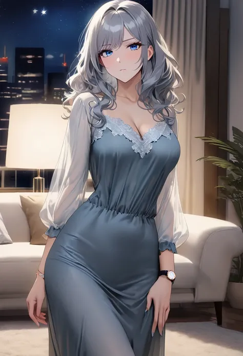 op quality, masterpiece, high resolution, 8k, (1 girl ), Alone, sexy, (cowboy shot), (((An expressionless married woman ))), Beautiful breasts, sexy nighty, (gorgeous American living room at night), milf, (((silver semi-long wavy hair))), ((( casual fashio...