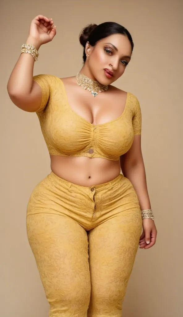 50 year old indian woman in golden latex transparent Saree with big huge boobs and huge Ass, wearing indian jewellery and make up,dark red lips, high heels,side pose of woman only, realistic image,