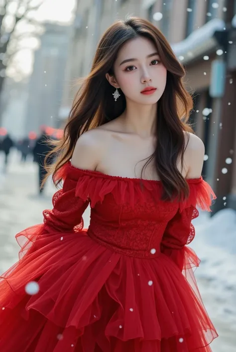 8k，tmasterpiece、quality、ultra - detailed、Master workarilyn Takiocus on the thighs and above，Clear face，（Best quality）， beuaty girl：1.5、((Red fluffy off-shoulder dress style))，long hair fluttering，Snowflake earrings、snowflakes falling、bblurry、the street，