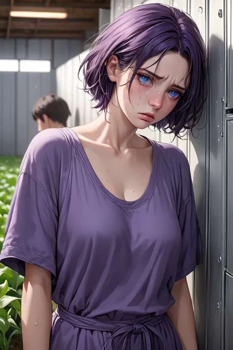 (masterpiece, best quality, 8k, high definition), whole body, woman, short dark purple hair, mid-chest, soft blue eyes, soft lips, caucasian, beautiful face, wearing a houserobe, natural light, detailed background, Detailed Illustration Art, looks incredib...