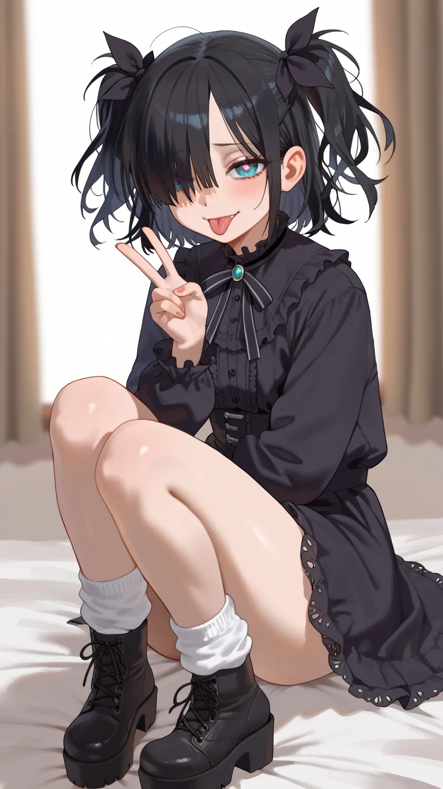 flat chest, skinnybody, Droopy eyes, Dull woman , messy hair, shy, black hair ,hair over one eye, two side up, heart shaped pupils, Gothic Lolita, long black ribbon, tongue, smug, v over tongue, wariza, platform boots, Loose Socks