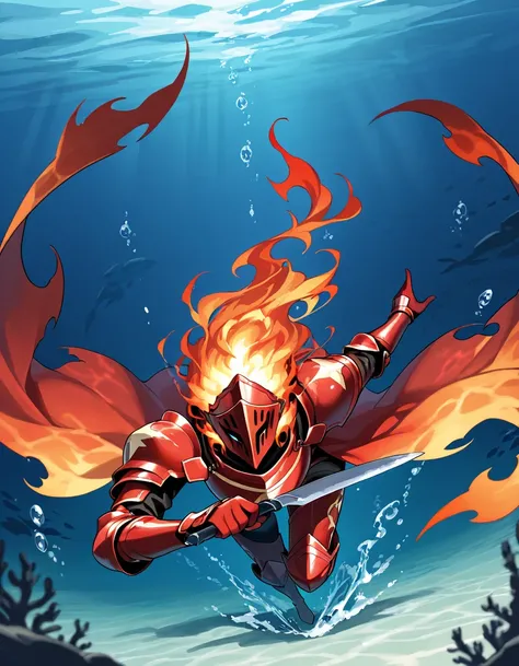 Diving into the Water,
Flame Knight、armor、Western Europe、knife、海中で燃える、knight burning underwater water battle between knights and sea creatures