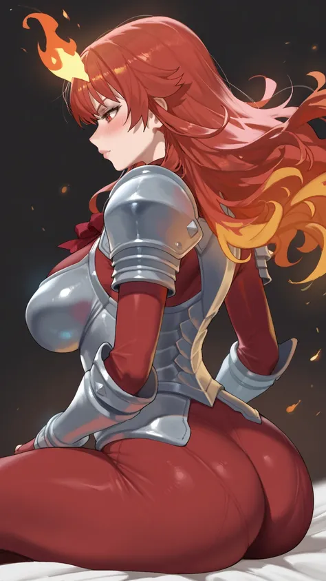 1 , Alone,  high resolution , Blush, "Steel Armor Girl" with dark background,  haze, flames,  big breasts,  rear view,  side view,  big ass, sitting, she is serious, dark look, Firepower in the Hands Red Fire Aura in the body..She Has a Paladin Blade in He...