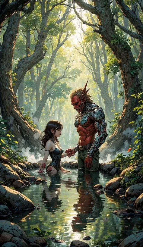 a beautiful face female warrior with mechanical arms, brown hair, beautiful white skin, sexy. and a redish skin Orc with muscular body. they are bathing together inside a hot water pond, the water is steamy, in the dense serene forest with the sunlight tha...