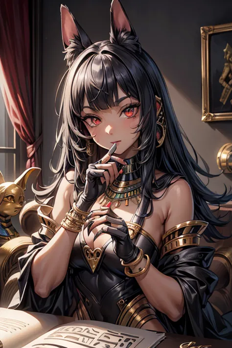 (Masterpiece, the best quality,  highres:1.2), ultra-detailed,  photorealistic anthropomorphic animal, Pharaoh,  Egypt, bets,  Egyptian goodness, Pharaoh woman, cat girl , sphinx cat, onyx skin, monstergirl,  hairy, detailed body necklace, detailed hands, ...