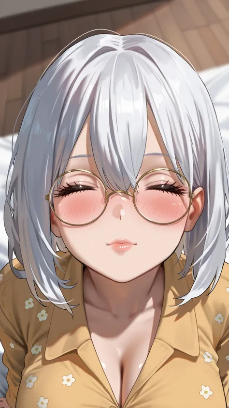    high quality, high detail on the face, 4K,最 high quality,  1 girl, looking at viewer,((((face focus )))),(((blush))), facing up, cute_face, Waiting for a kiss_face,((from above )),(  high quality,white_ medium hair, white_hair between eyes), (white_ eye...