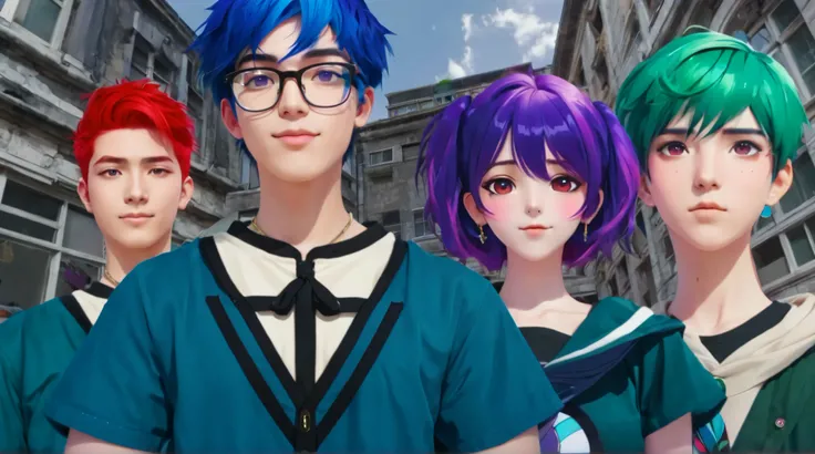 Boy handsome and beautiful girl characters with colorful hair  standing in front of a building blue haired male character wearing glasses, red haired male character not wearing glasses, green haired male character not wearing glasses and purple haired fema...