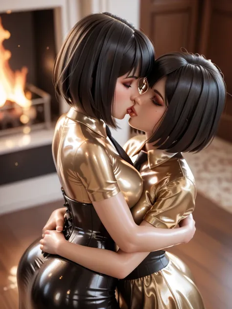  3 young girls,     in an extremely tight   ,    shiny gold latex polo shirt, Leggings,     Hidden Hair Coloring,  reflection ,     reflecting light   ,    high resolution ,     masterpiece , corset,necktie, long tight skirt, very shiny skin ,   very stron...