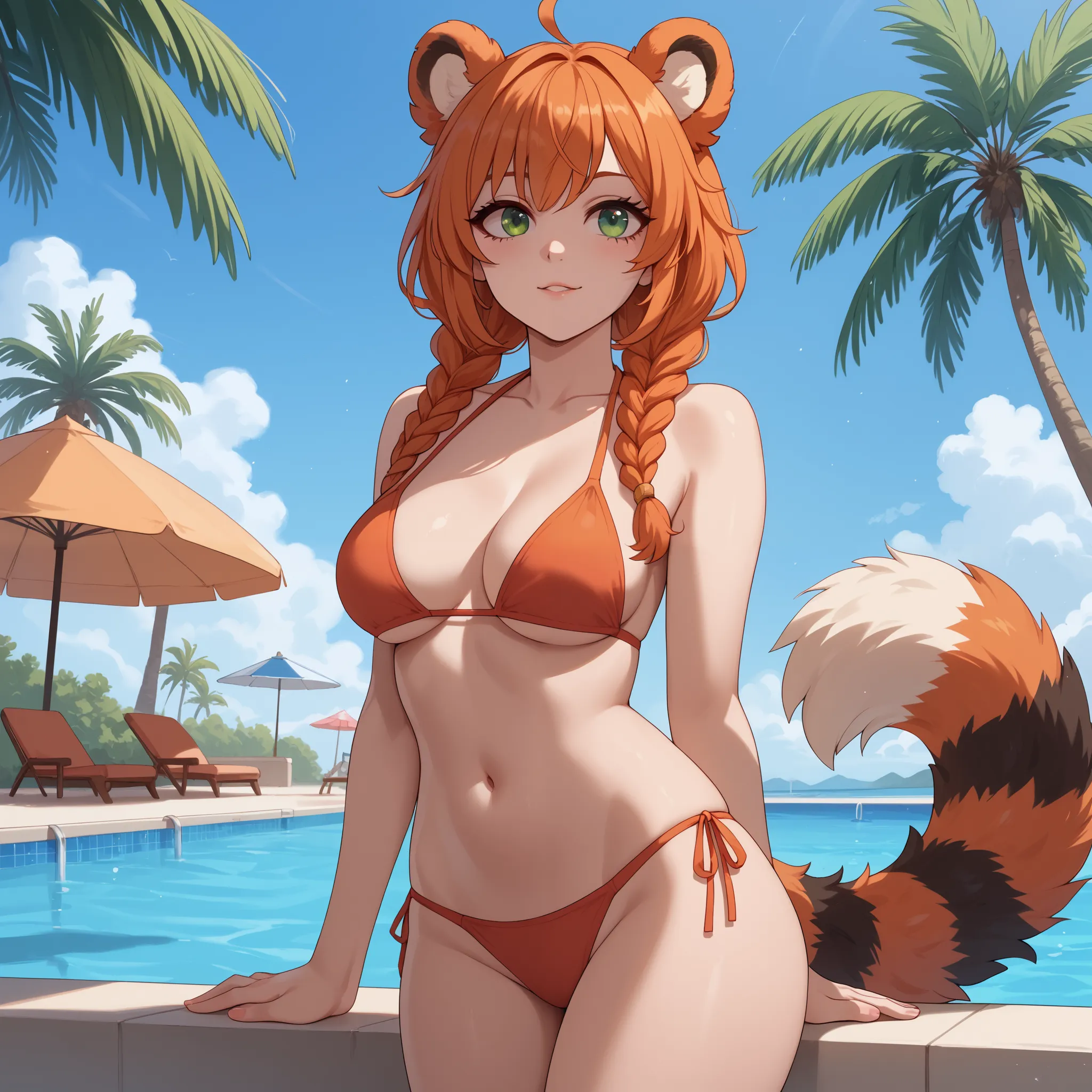 (Masterpiece) (High Detail) (High Res) A short curvy slim Humanoid red_panda Female with tanned human skin and bright green eyes and long braided orange hair and fluffy orange red_panda ears and a long fluffy red_panda tail and medium breasts. She is knelt...