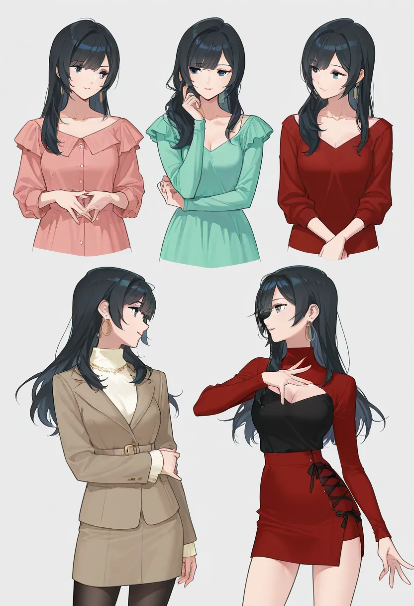 ((3 adult girls)), anime characters, outfit designs, different outfits, (upper body character design), outfit design, fashion concept art, pose, looking at another, spread fingers,
multiple views,