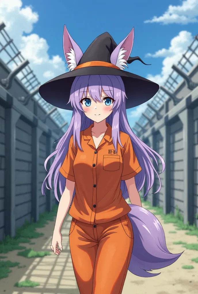 adult female prisoner, mid-long light purple hair, purple fox ear, purple fox tail, no human ears, blue eyes color, Orange Prisoner uniform, she smile, black witch hat, She walking in the middle of the prison garden and relaxed, Single prisoner, big wall a...