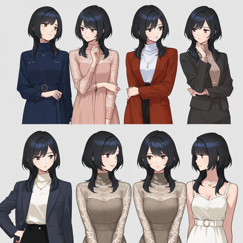 ((3 adult girls)), multiple characters, anime characters, outfit designs, different outfits, (upper body character design), outfit design, fashion concept art, pose, looking at another,
multiple views,