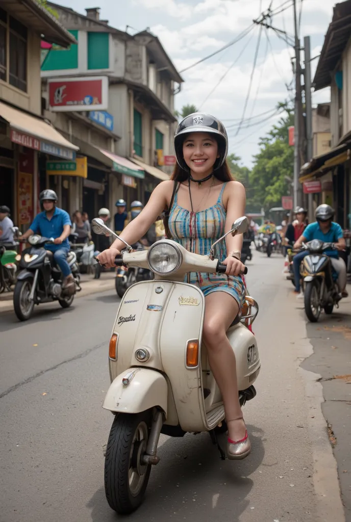 realistic photograph,happy thai girl wearing helmet rides old moped in street