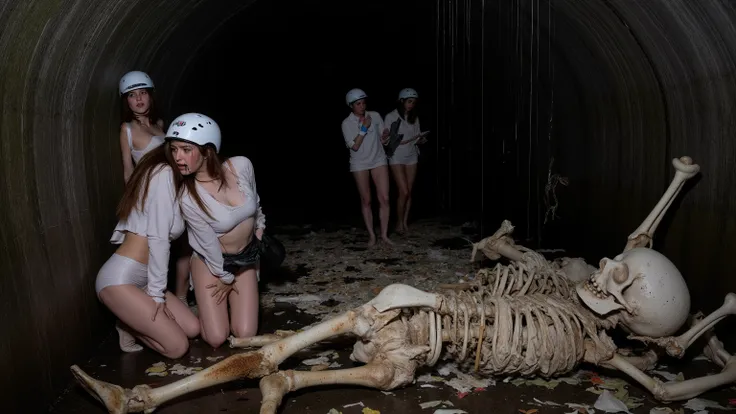 ภาพเหมือนจริง : ภาพระยะใกล้, A dark underground sewer tunnel, where a group of beautiful female scientists in white lingerie and helmets examine a large human skeleton scattered on the damp floor and leaning against the wall. One scientist kneels and exami...